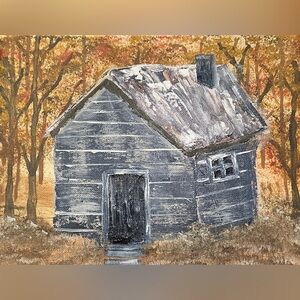 Autumn Cabin Art Print in Gray and Brown Painting